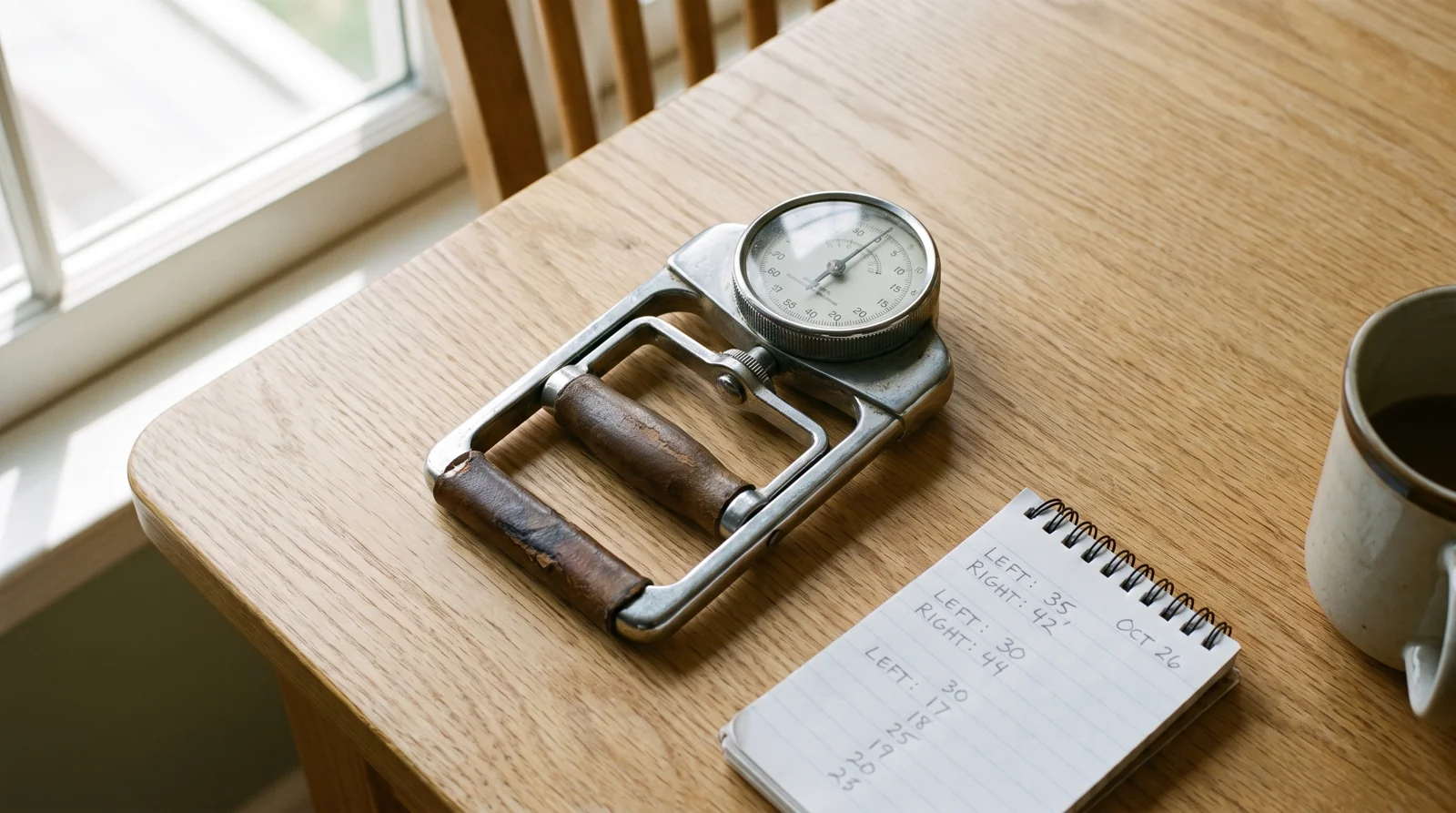 A hand dynamometer and a notebook on a kitchen table, the setup behind every grip strength and all-cause mortality study