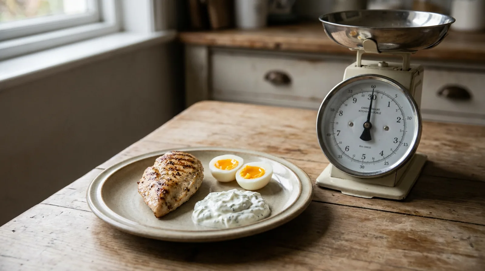 A kitchen scale beside a plate of chicken, eggs and Greek yogurt, the setup for counting protein intake for fat loss